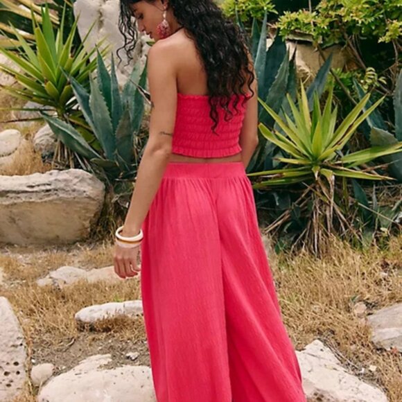 Free People Solange Set Ruffle Pull-On Wide-Leg Smocked Top & Pants S - Picture 3 of 8